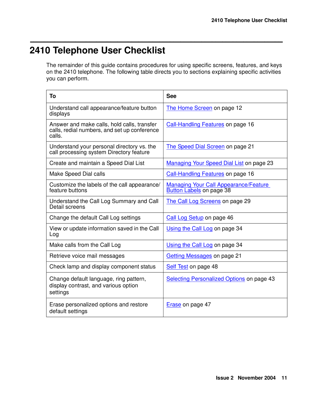 Avaya 2410 manual Telephone User Checklist, See 