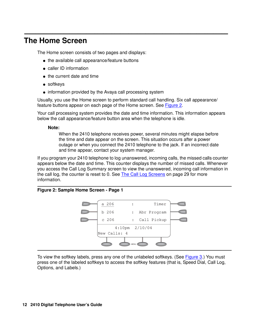 Avaya 2410 manual Sample Home Screen 