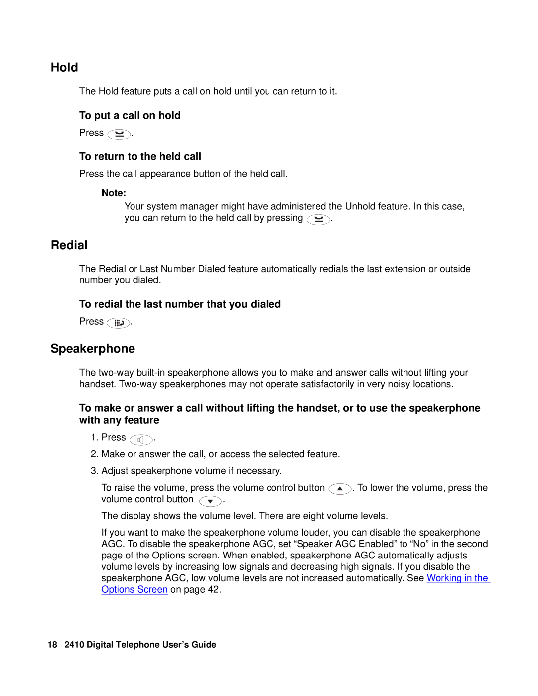 Avaya 2410 manual Hold, Redial, Speakerphone 