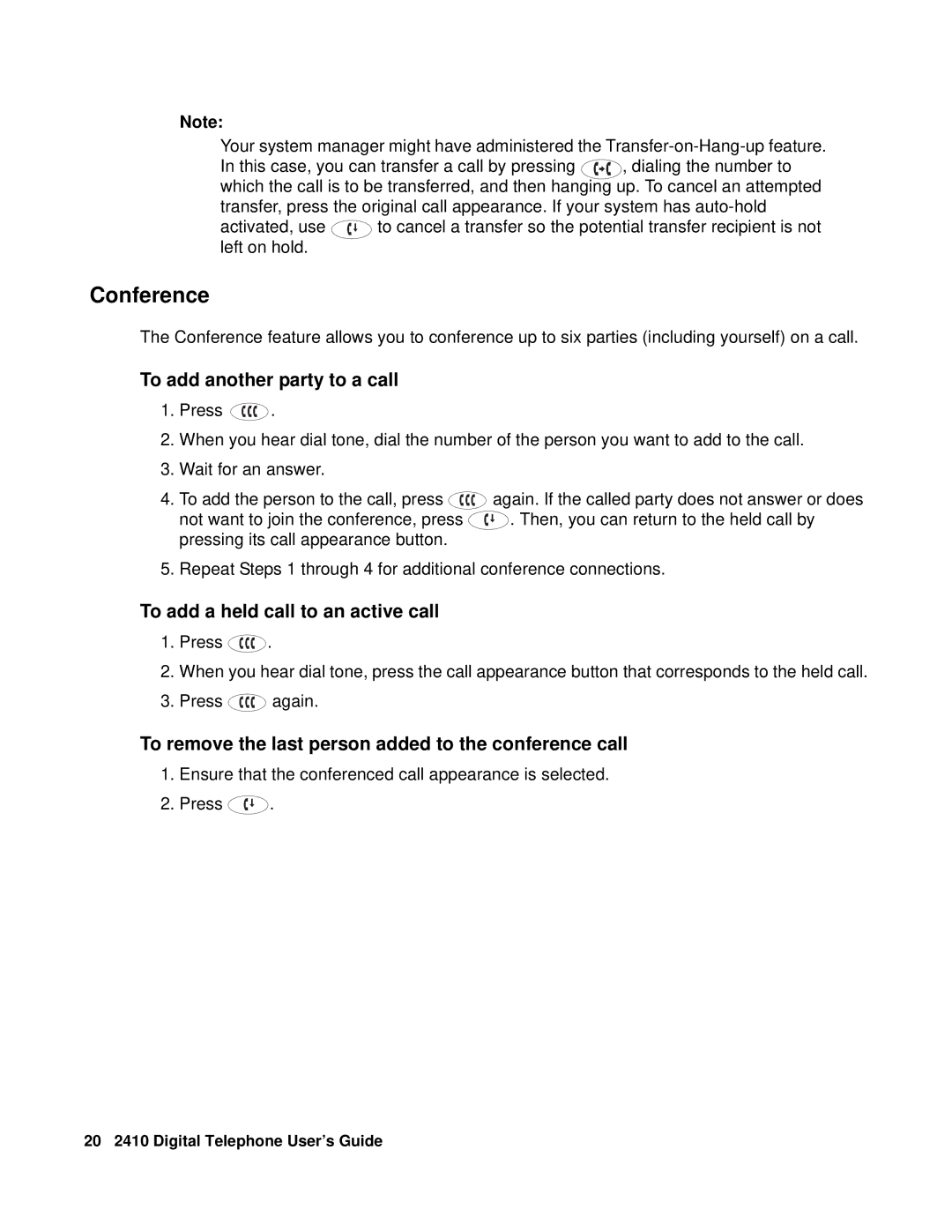 Avaya 2410 manual Conference, To add another party to a call, To add a held call to an active call 