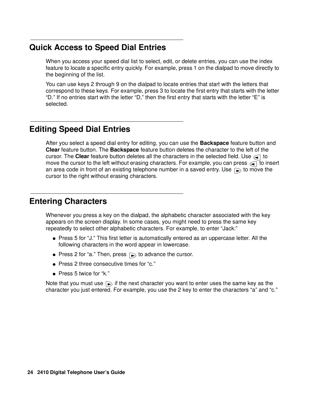 Avaya 2410 manual Quick Access to Speed Dial Entries, Editing Speed Dial Entries, Entering Characters 