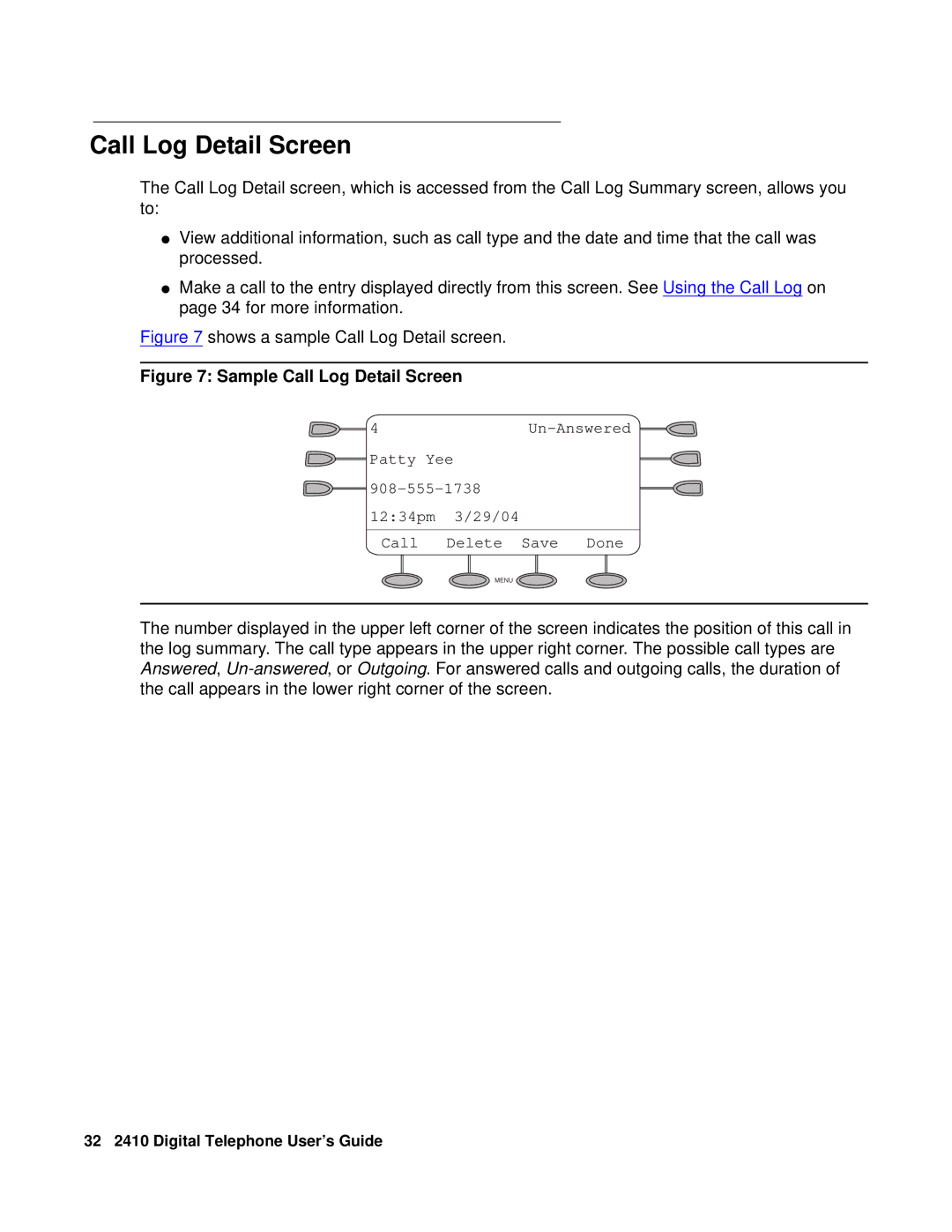 Avaya 2410 manual Sample Call Log Detail Screen 