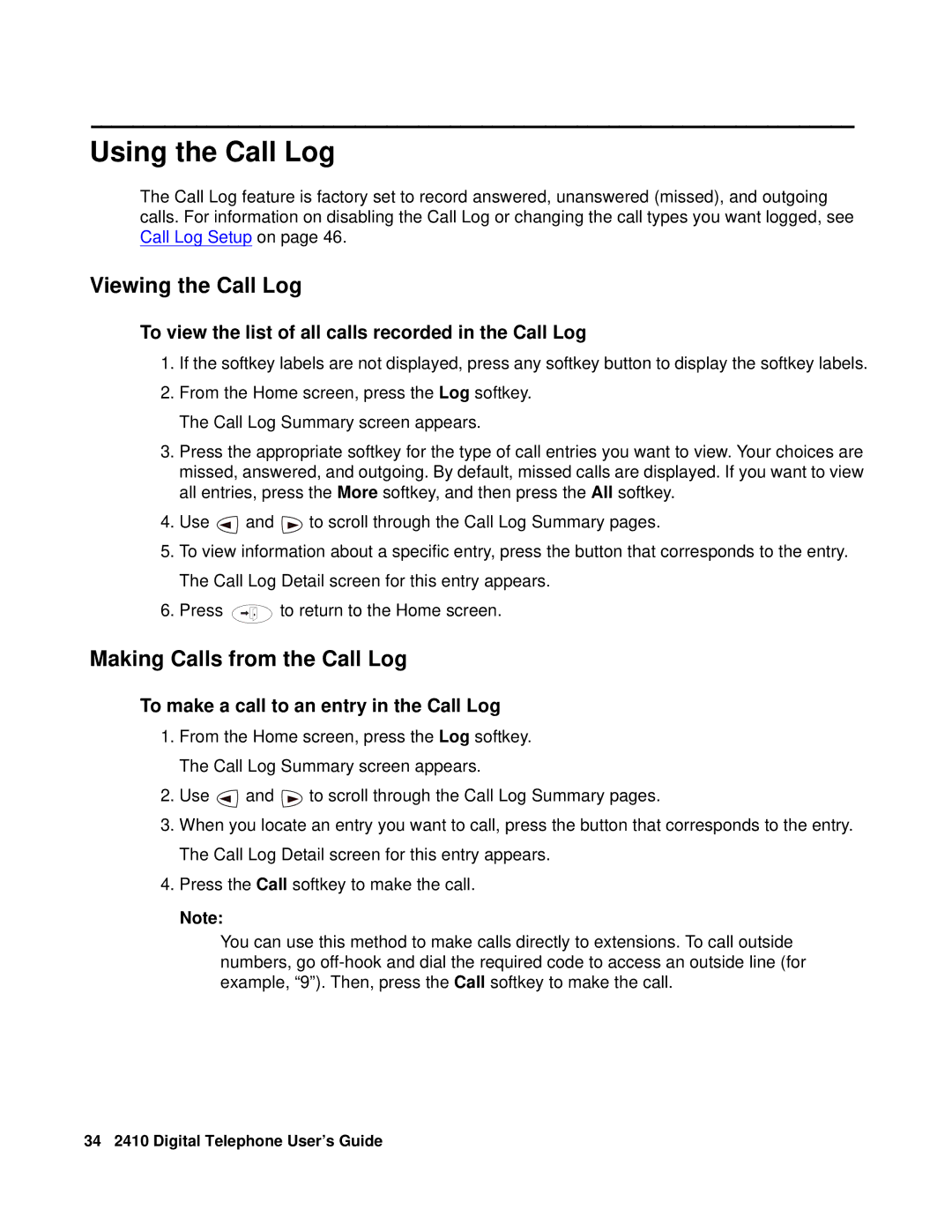 Avaya 2410 manual Using the Call Log, Viewing the Call Log, Making Calls from the Call Log 