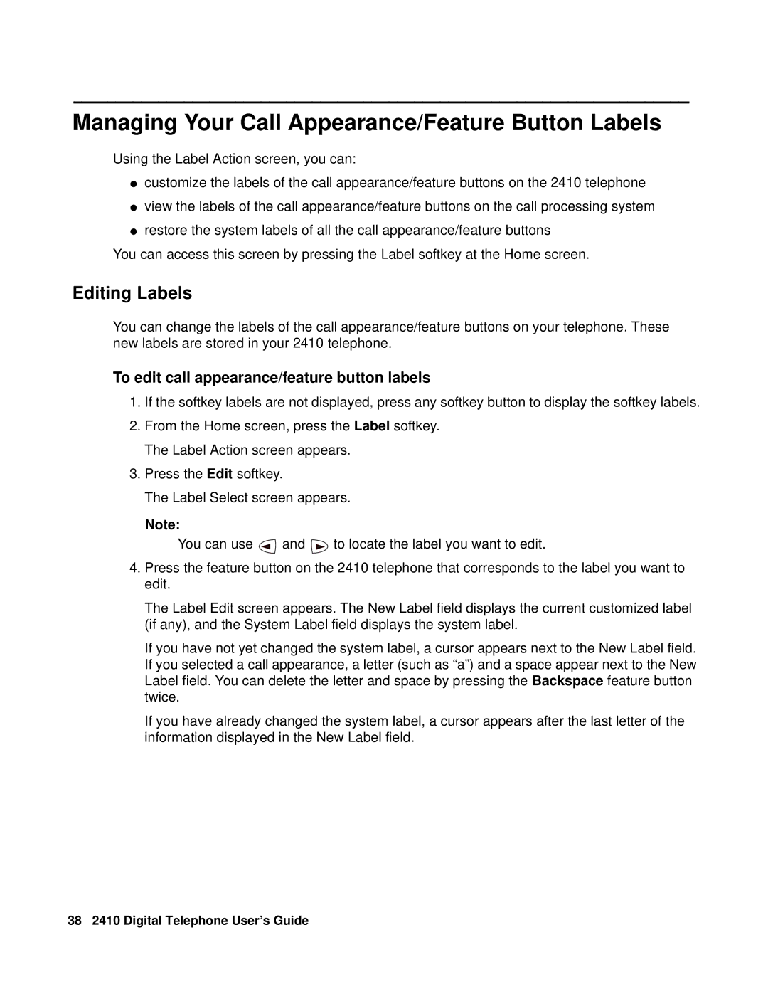 Avaya 2410 manual Managing Your Call Appearance/Feature Button Labels, Editing Labels 