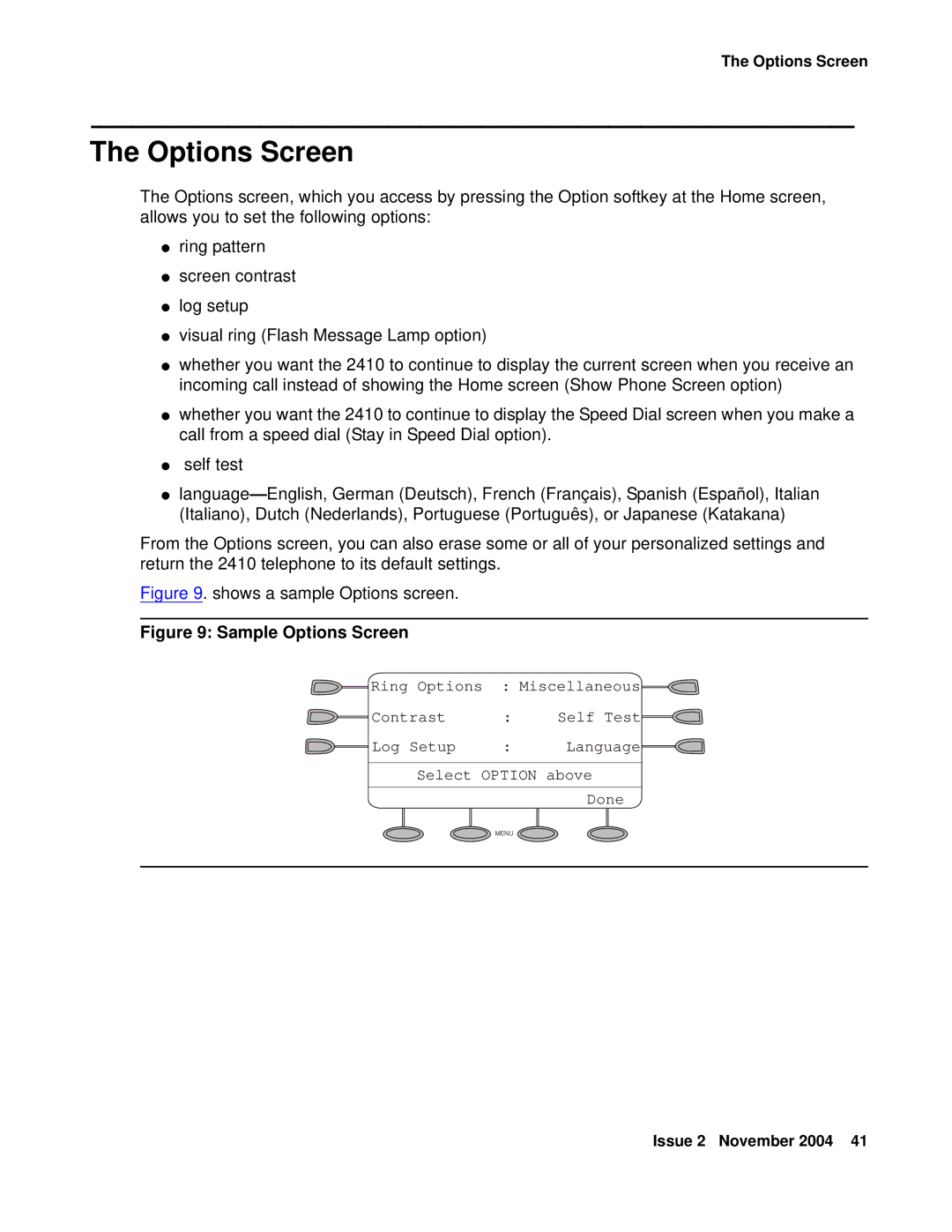 Avaya 2410 manual Sample Options Screen 