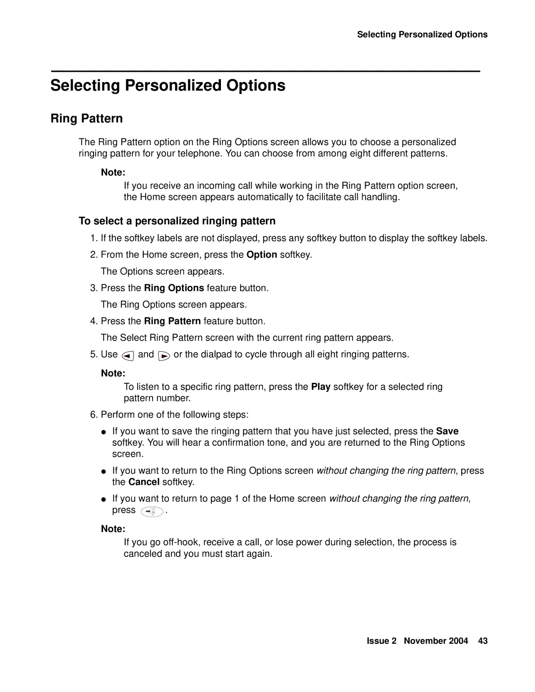 Avaya 2410 manual Selecting Personalized Options, Ring Pattern, To select a personalized ringing pattern 