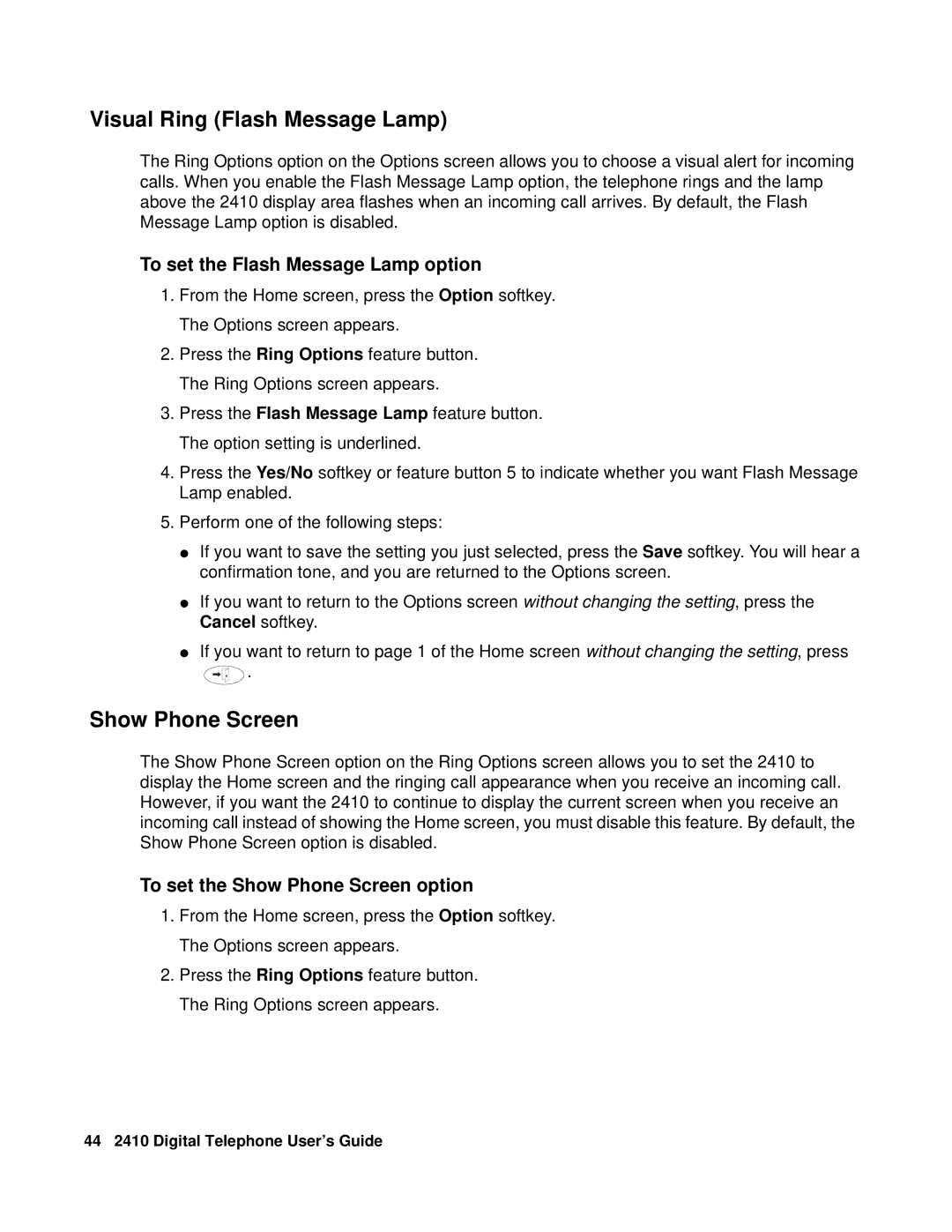 Avaya 2410 manual Visual Ring Flash Message Lamp, Show Phone Screen, To set the Flash Message Lamp option 