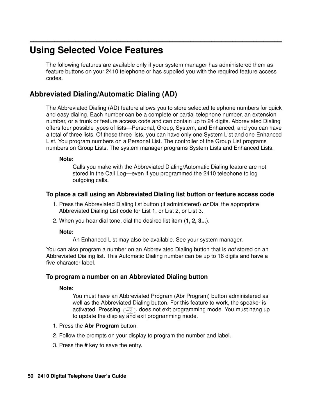 Avaya 2410 manual Using Selected Voice Features, Abbreviated Dialing/Automatic Dialing AD 