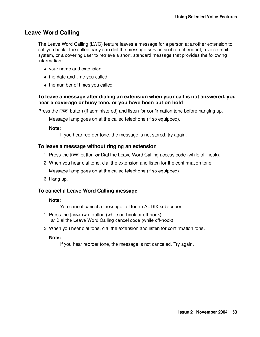 Avaya 2410 manual To leave a message without ringing an extension, To cancel a Leave Word Calling message 