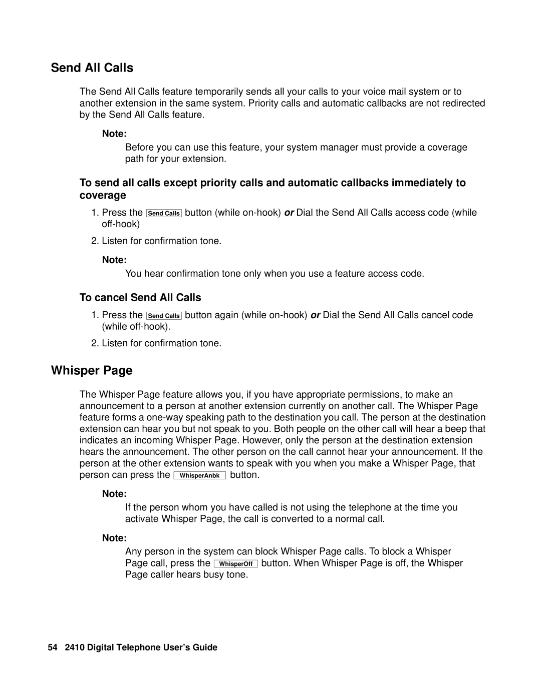 Avaya 2410 manual Whisper, To cancel Send All Calls 