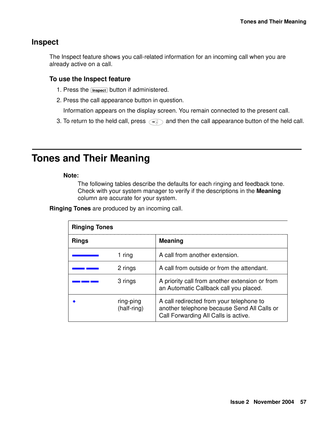 Avaya 2410 manual Tones and Their Meaning, To use the Inspect feature, Ringing Tones Rings Meaning 