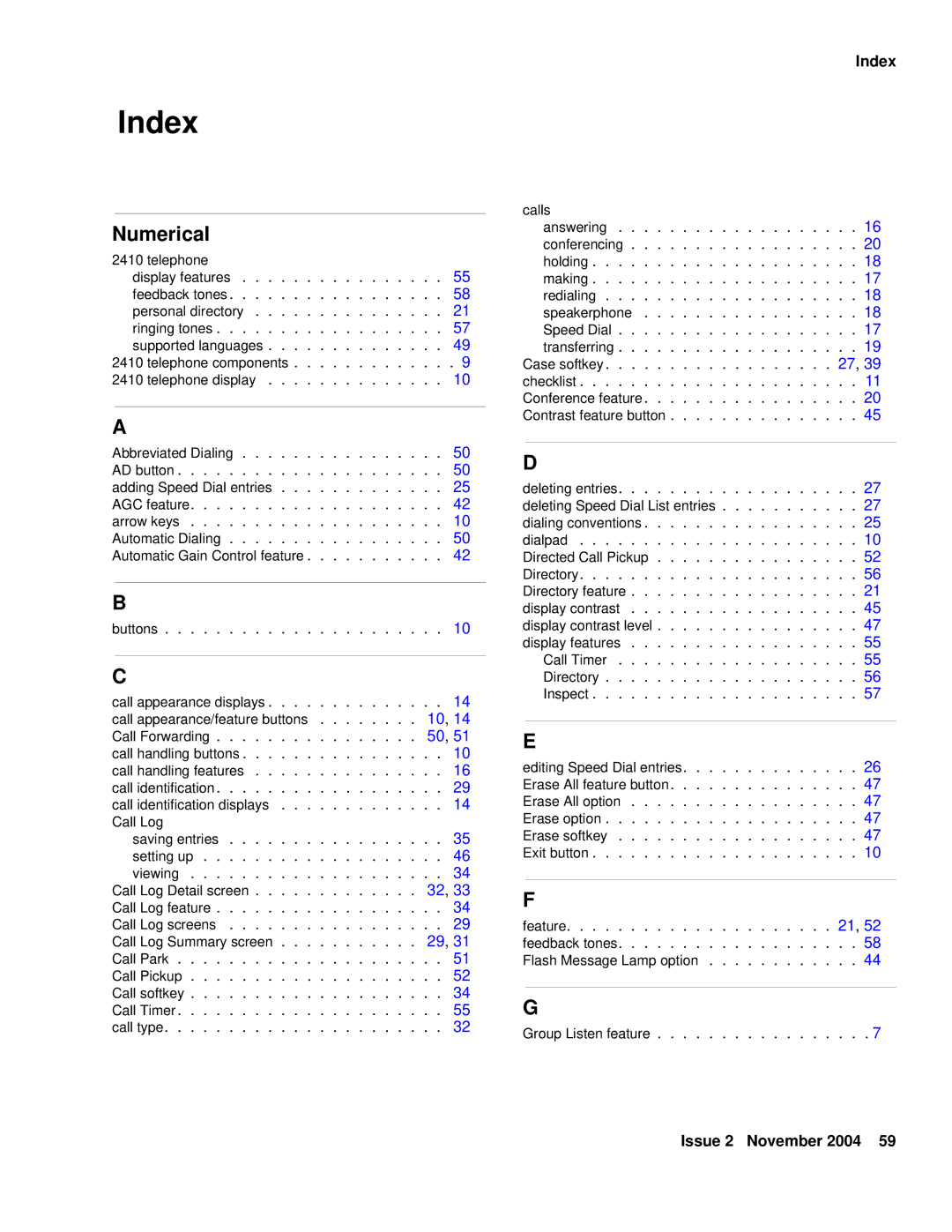 Avaya 2410 manual Index 