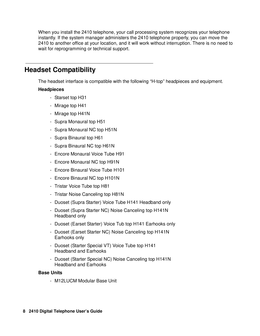 Avaya 2410 manual Headset Compatibility, Headpieces, Base Units 