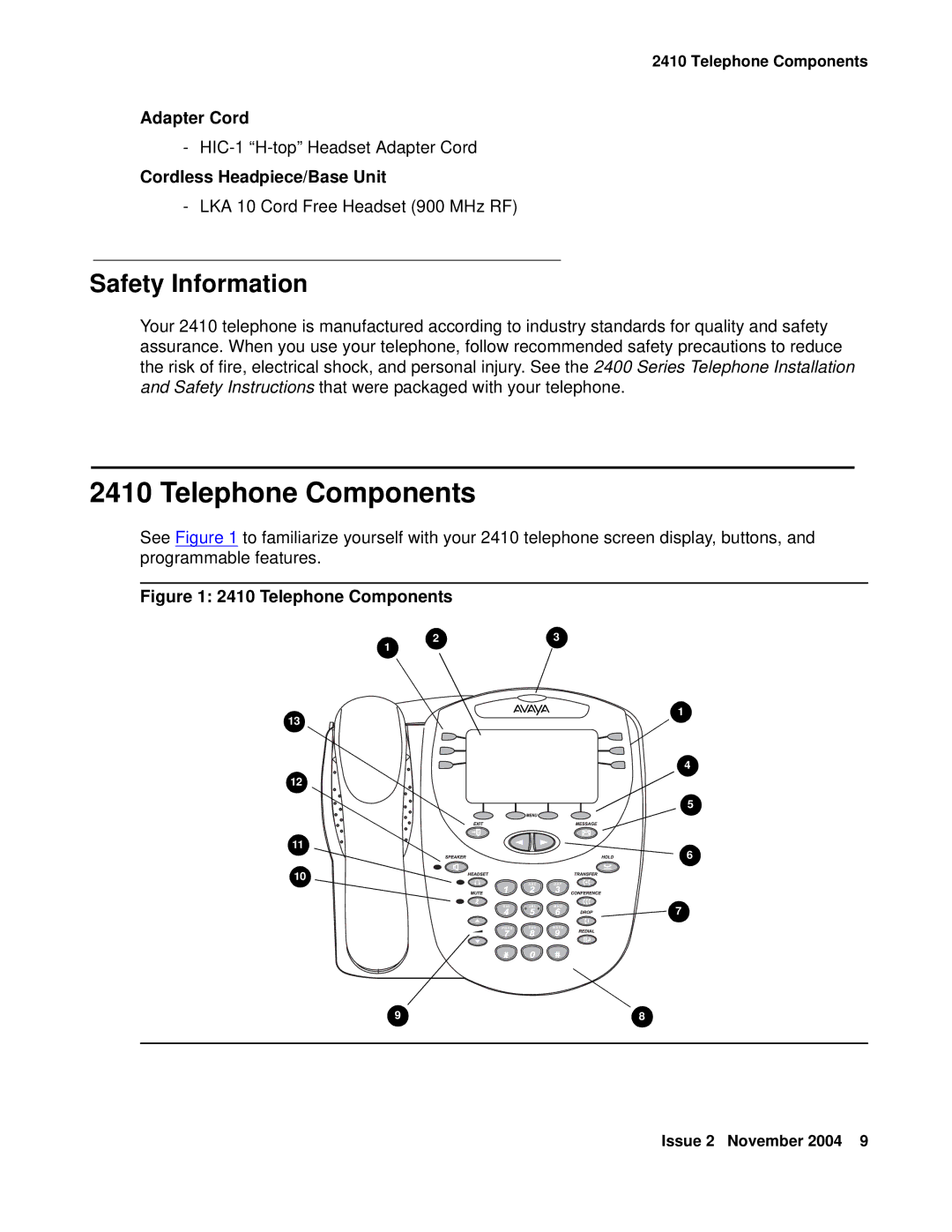 Avaya 2410 manual Telephone Components, Safety Information, Adapter Cord, Cordless Headpiece/Base Unit 