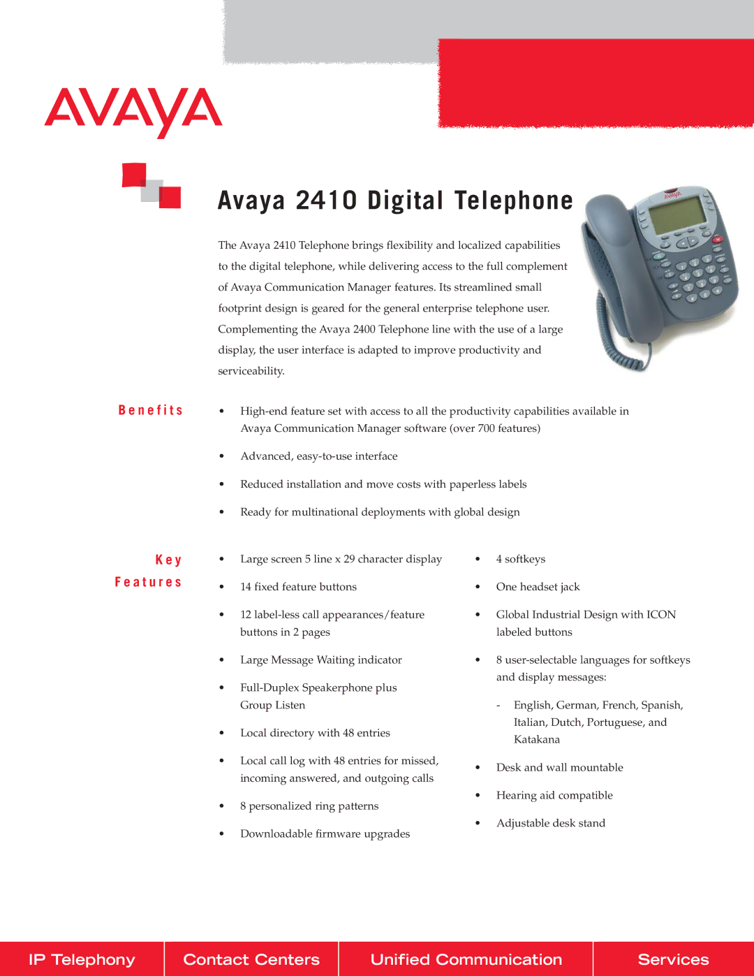 Avaya manual Avaya 2410 Digital Telephone, IP Telephony Contact Centers Unified Communication Services 