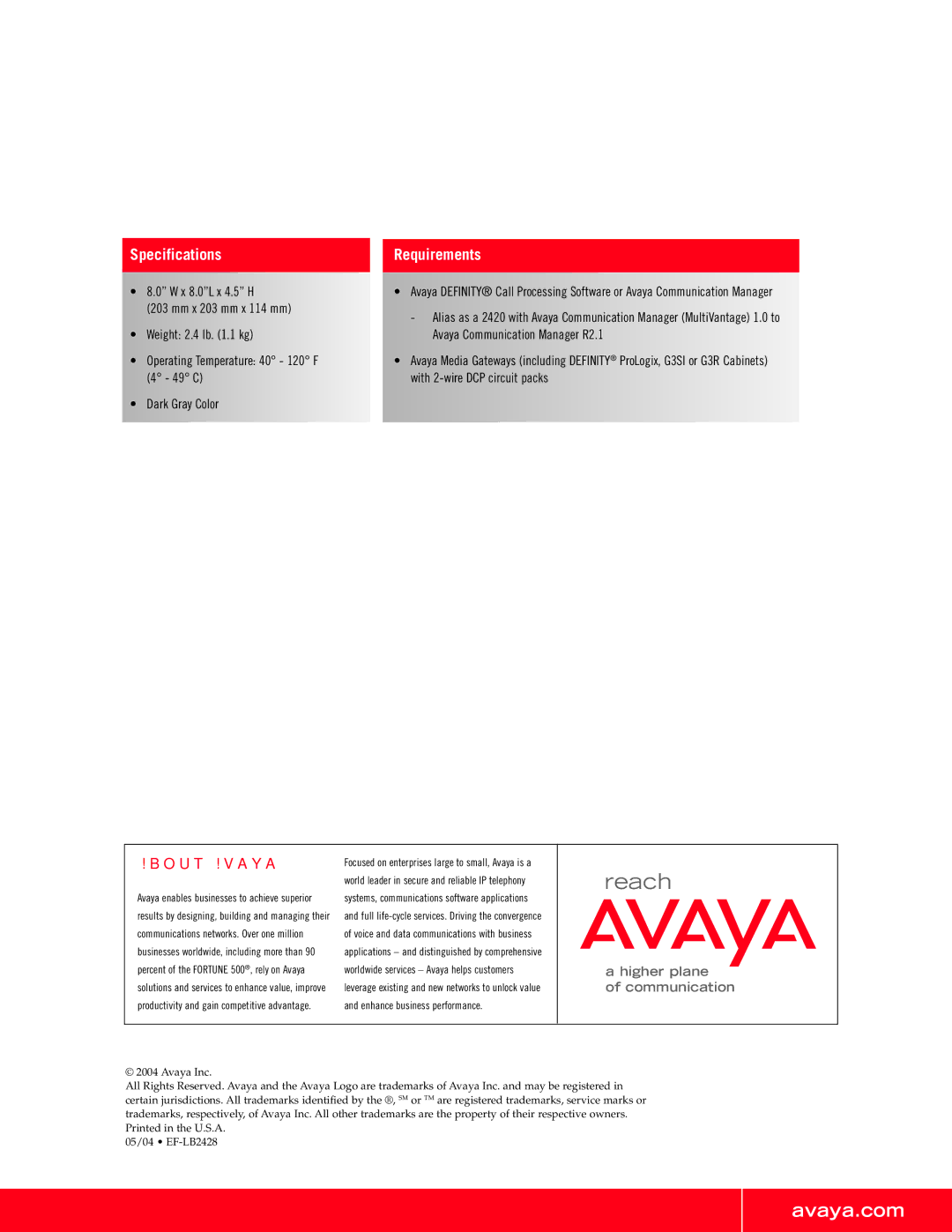 Avaya 2410 manual Avaya.com, Specifications, Requirements, About Avaya 