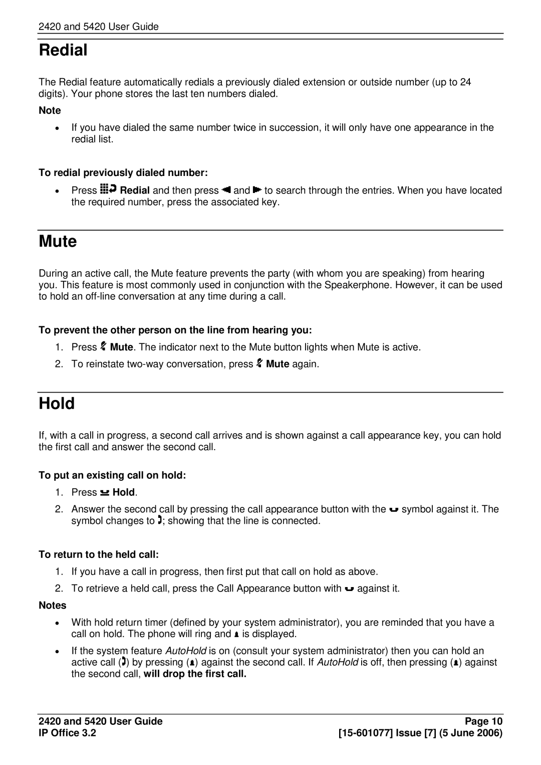 Avaya 2420, 5420 manual Redial, Mute, Hold 