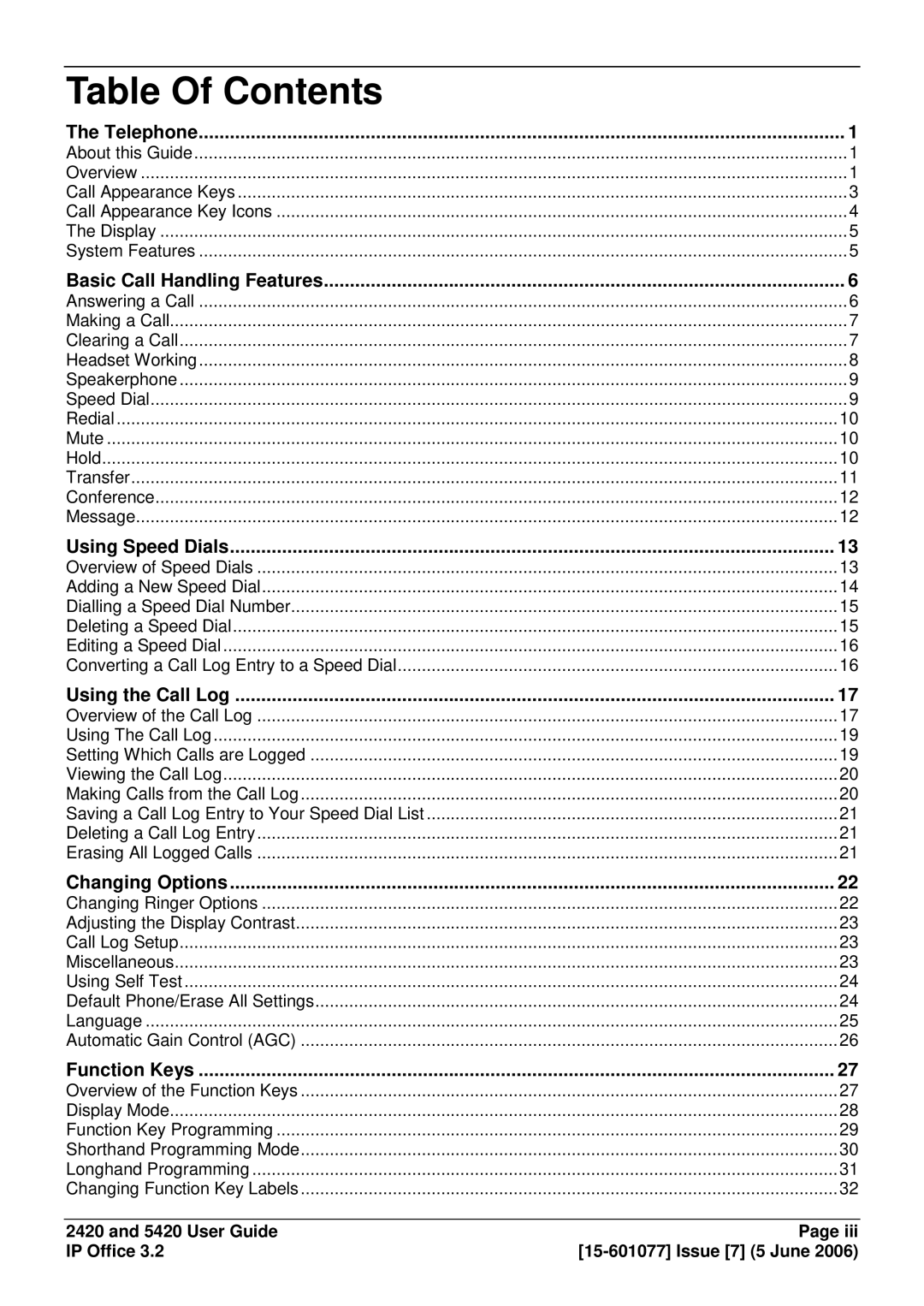 Avaya 5420, 2420 manual Table Of Contents 