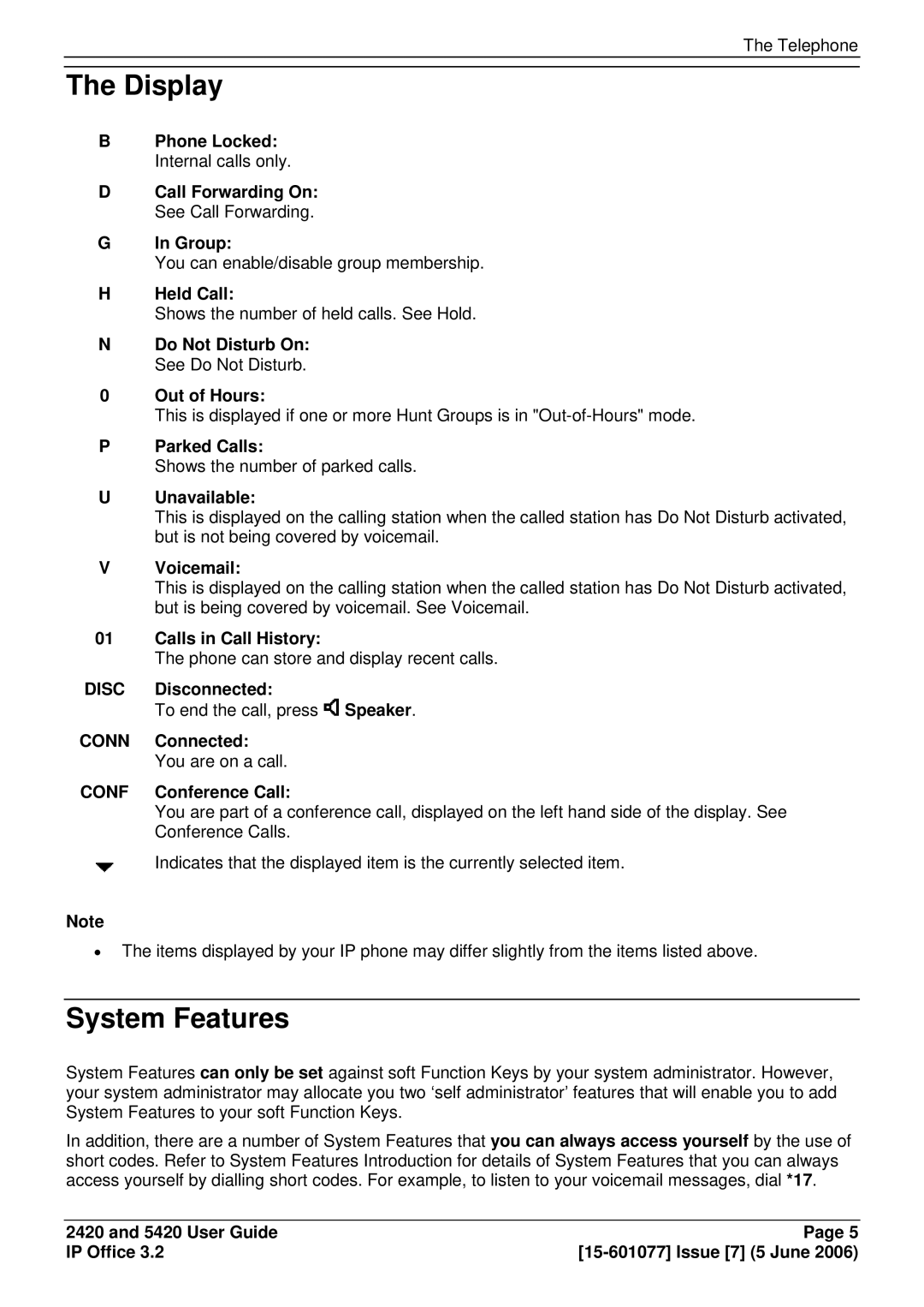 Avaya 5420, 2420 manual Display, System Features 