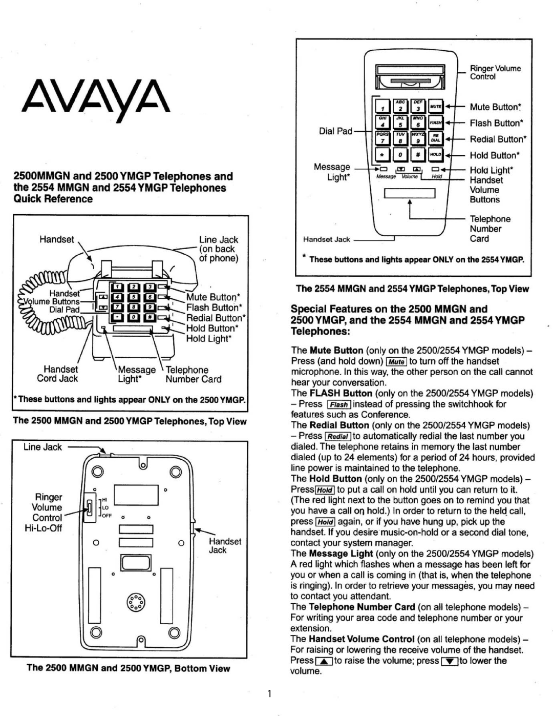 Avaya 2500 MMGN, 2500 YMGP, 2554 MMGN, 2554 YMGP manual 