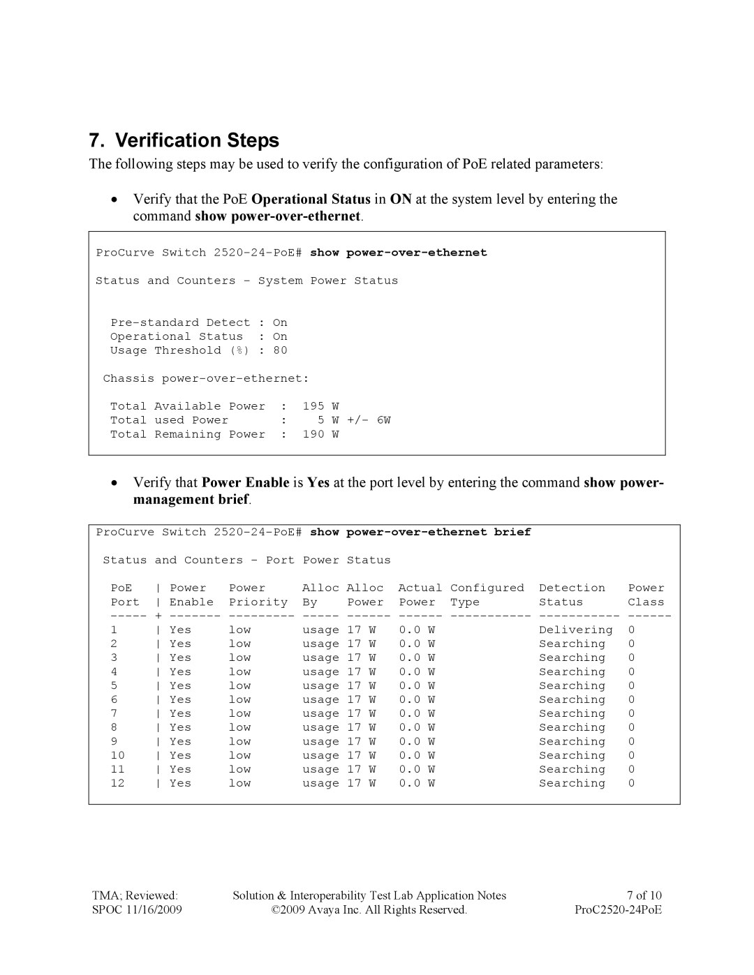 Avaya 2520-24-POE manual Verification Steps, ProCurve Switch 2520-24-PoE#show power-over-ethernet brief 