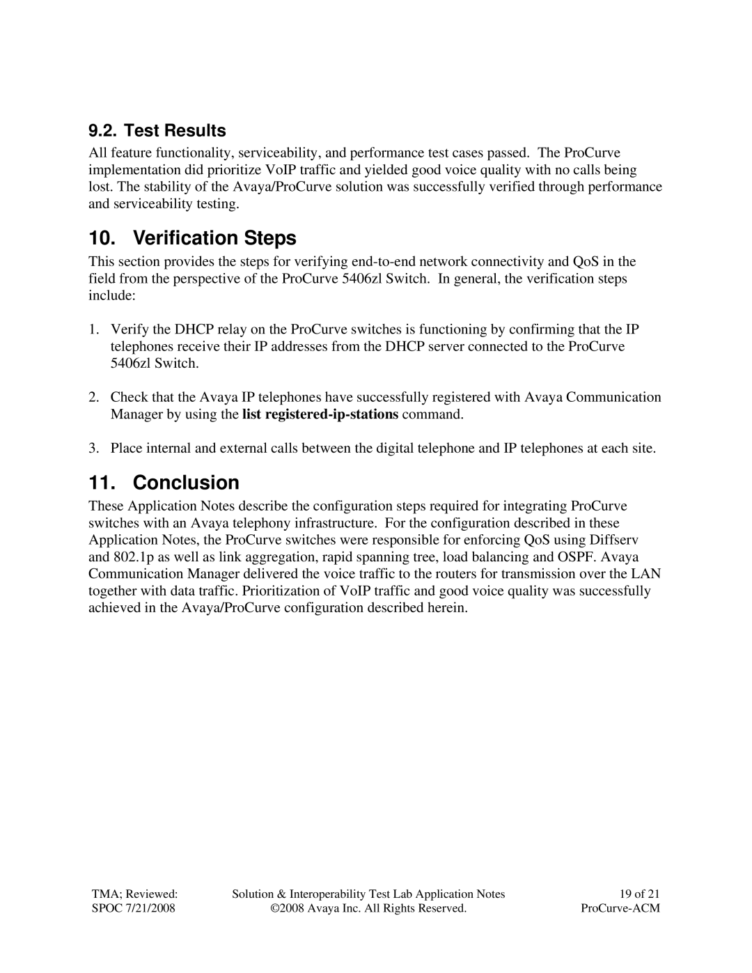 Avaya 5400ZL, 2600, 3500YL manual Verification Steps, Conclusion, Test Results 