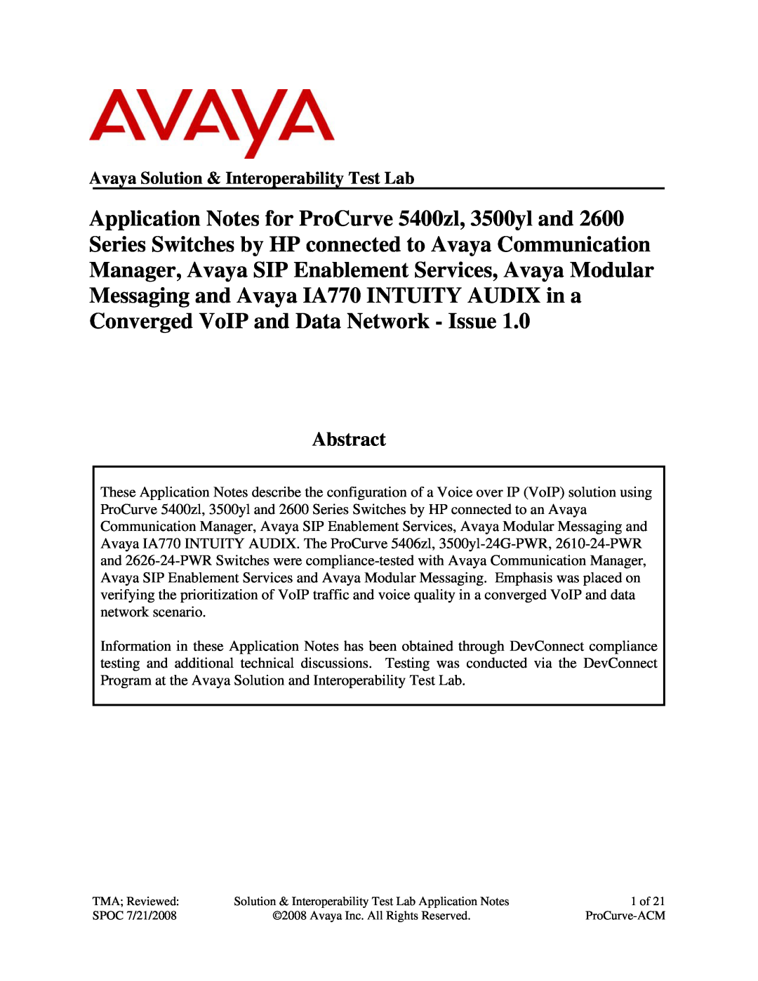Avaya 5400ZL, 2600, 3500YL manual Abstract, Avaya Solution & Interoperability Test Lab 