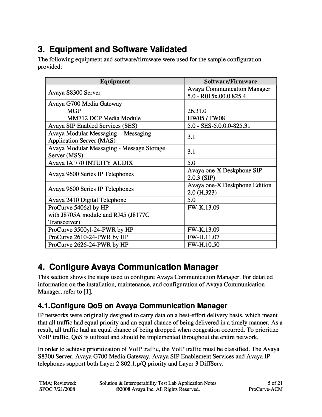 Avaya 3500YL, 2600, 5400ZL manual Equipment and Software Validated, Configure Avaya Communication Manager 