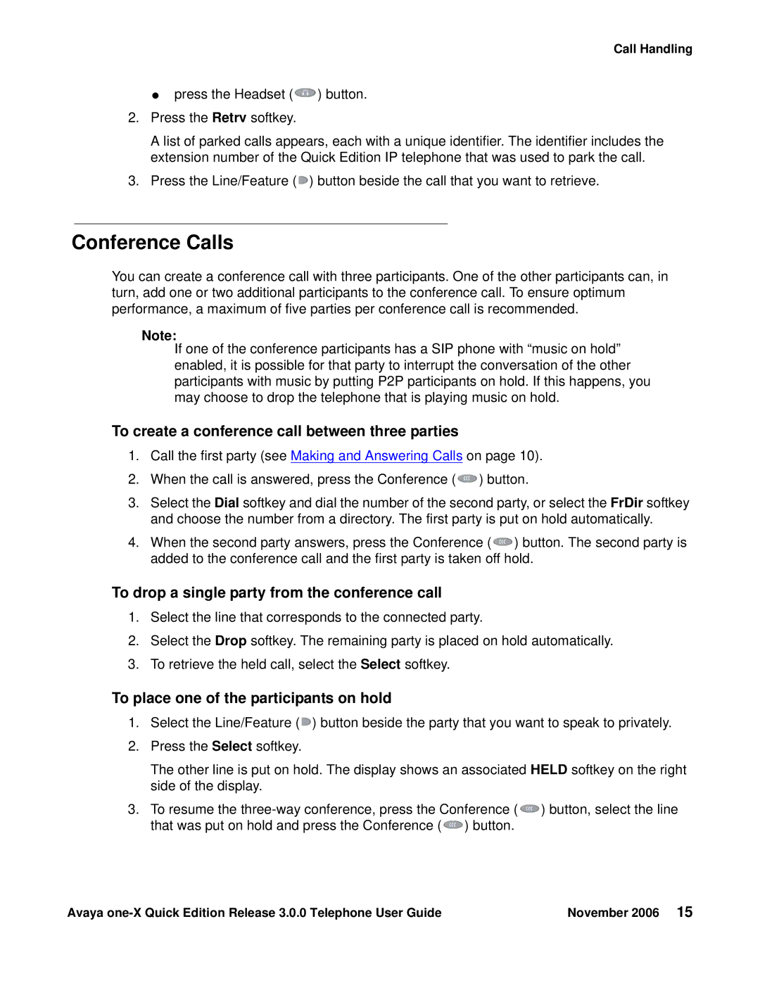 Avaya 3.0.0 Conference Calls, To create a conference call between three parties, To place one of the participants on hold 