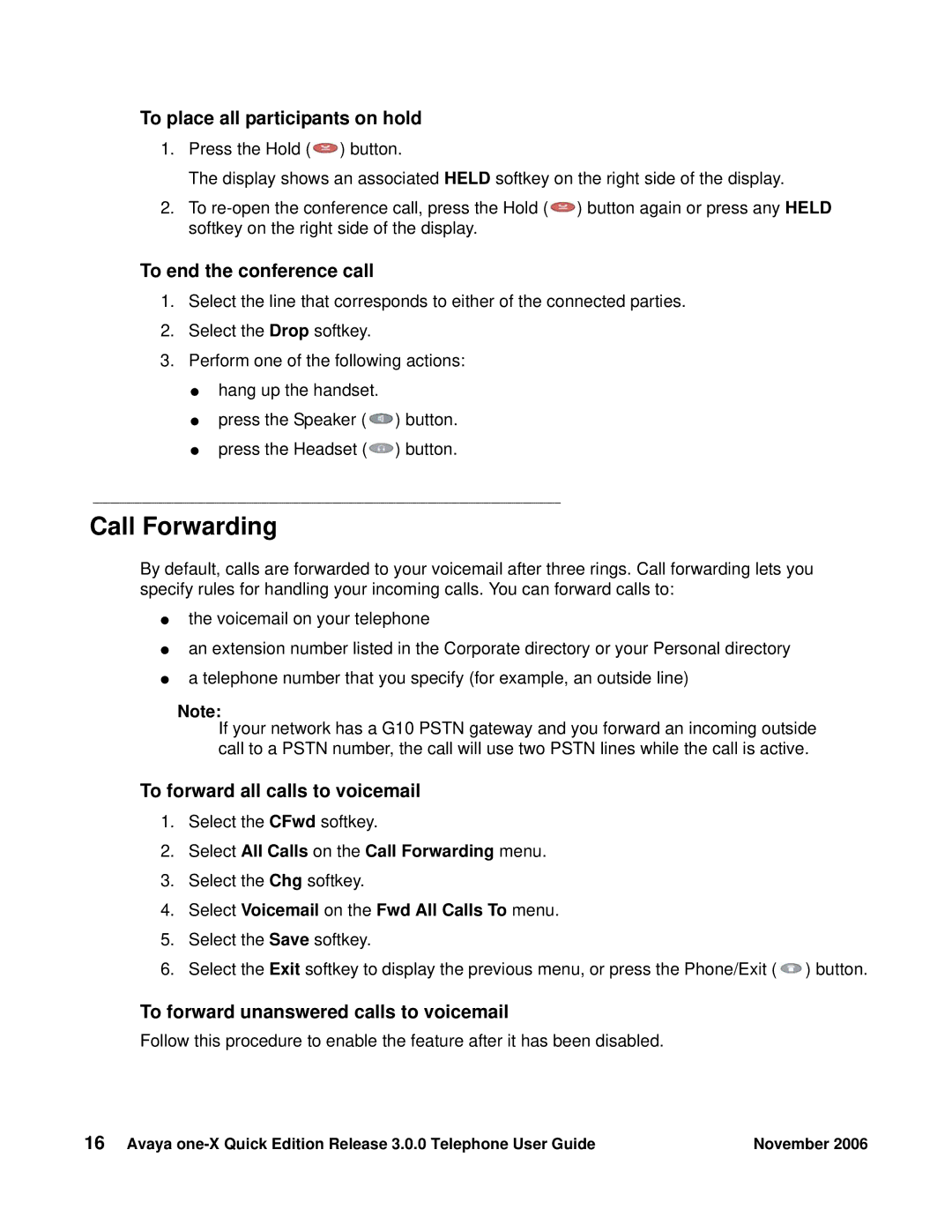 Avaya 3.0.0 manual Call Forwarding, To place all participants on hold, To end the conference call 