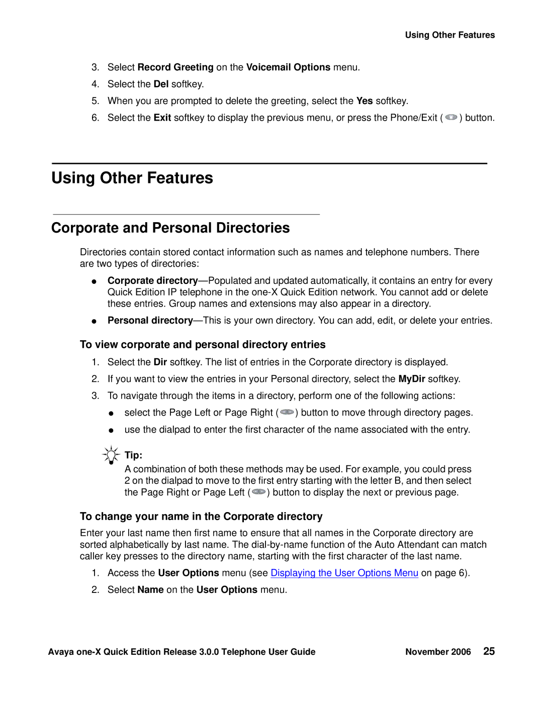 Avaya 3.0.0 Using Other Features, Corporate and Personal Directories, To view corporate and personal directory entries 