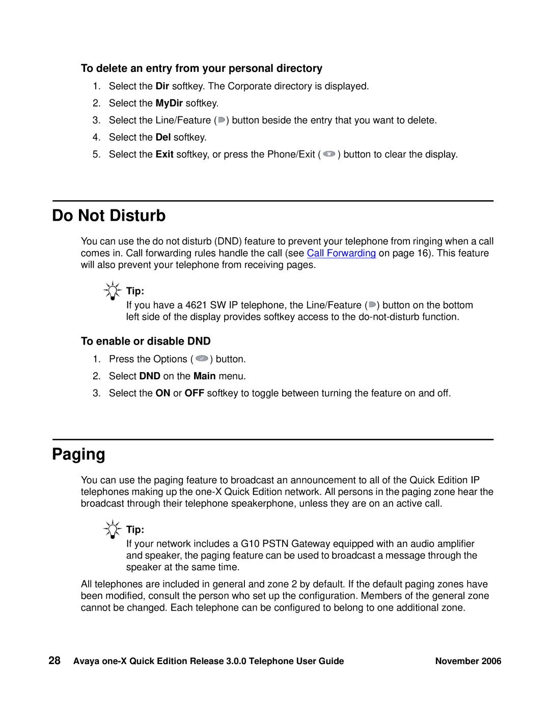 Avaya 3.0.0 manual Do Not Disturb, Paging, To delete an entry from your personal directory, To enable or disable DND 