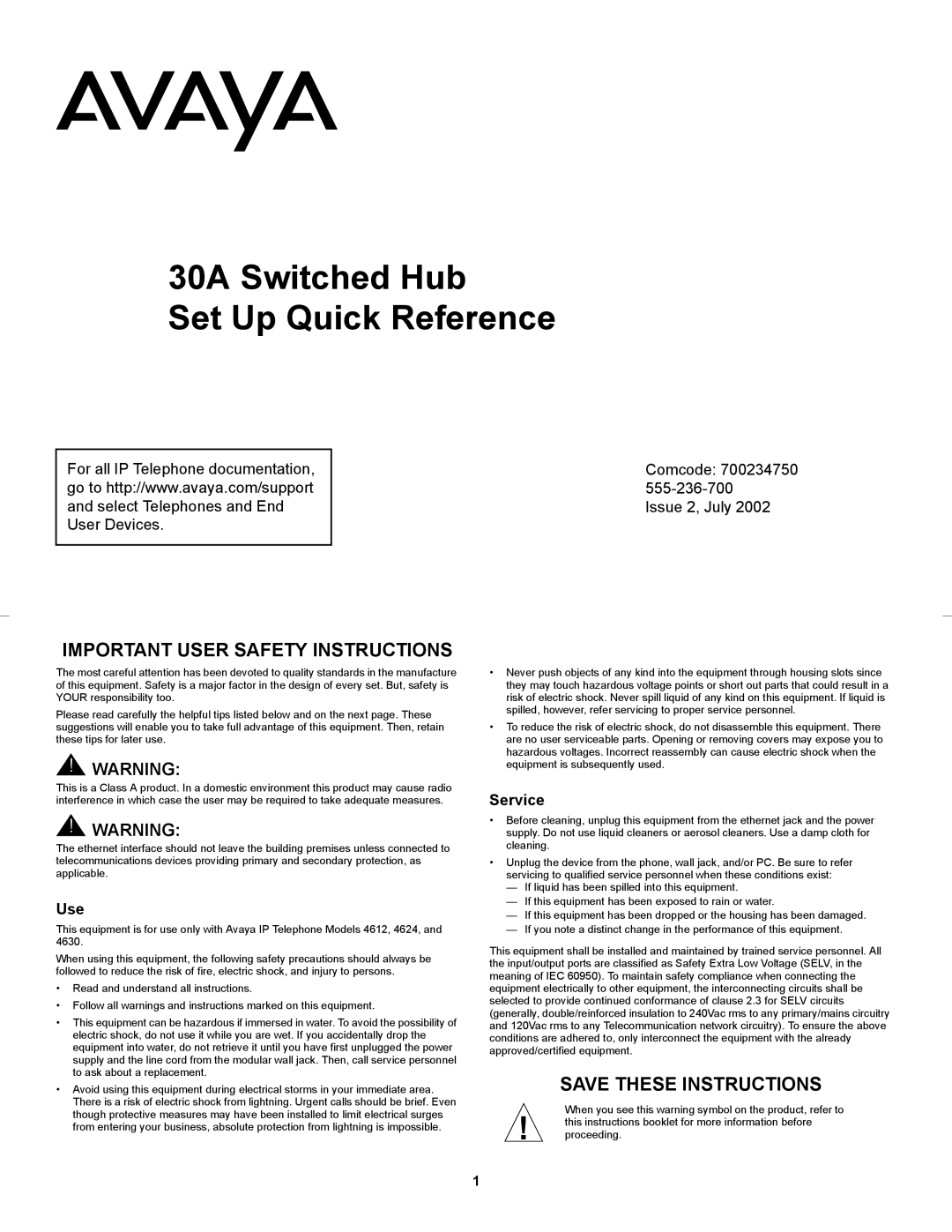 Avaya 700234750, 30A user service Important User Safety Instructions, Service 