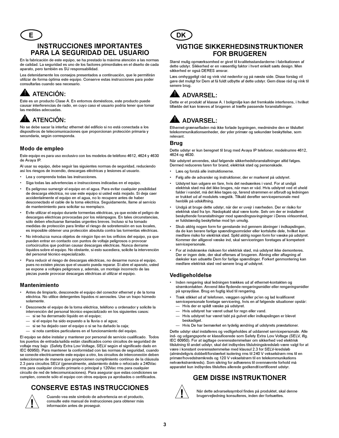 Avaya 700234750, 30A Instrucciones Importantes Para LA Seguridad DEL Usuario, Conserve Estas Instrucciones, Atención 