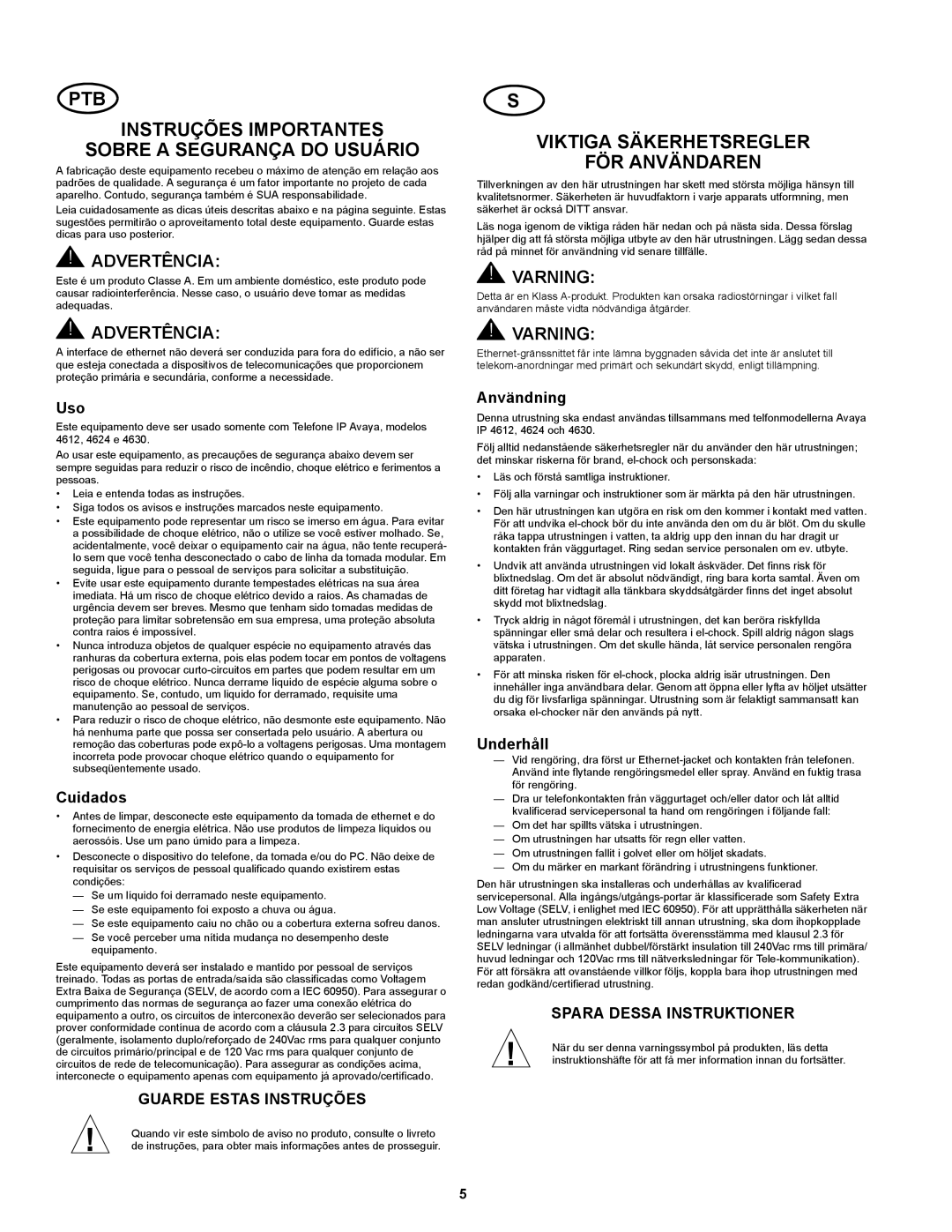 Avaya 700234750 PTB Instruções Importantes Sobre a Segurança do Usuário, Viktiga Säkerhetsregler FÖR Användaren, Varning 