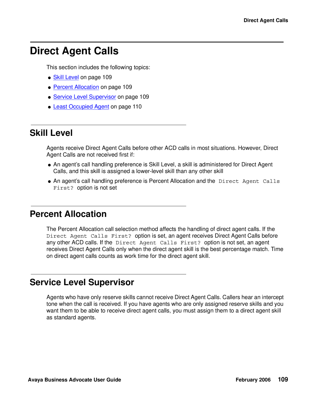 Avaya 3.1 manual Direct Agent Calls, Skill Level, Percent Allocation 