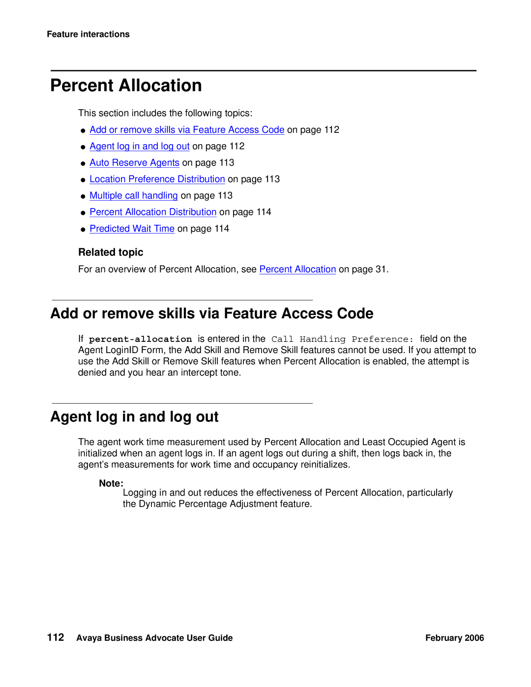 Avaya 3.1 manual Percent Allocation, Add or remove skills via Feature Access Code, Agent log in and log out 