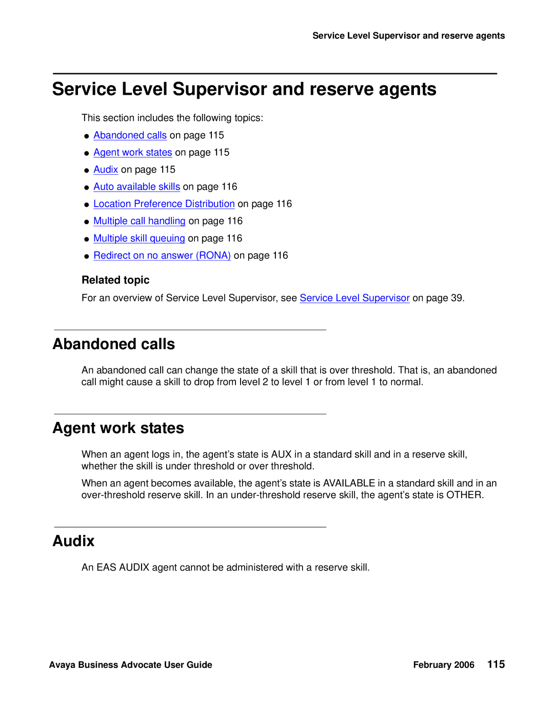 Avaya 3.1 manual Service Level Supervisor and reserve agents, Abandoned calls, Agent work states, Audix 