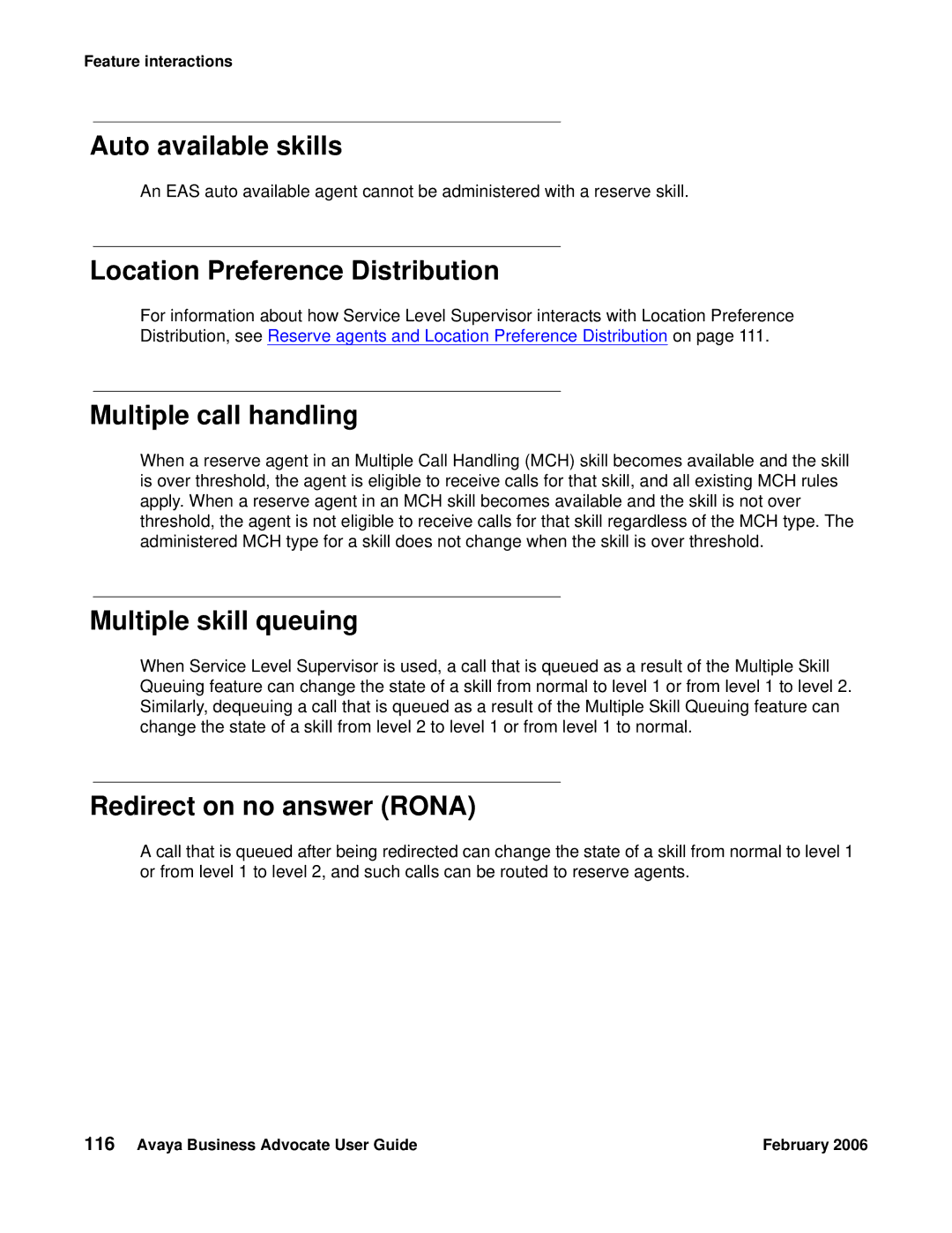 Avaya 3.1 manual Auto available skills, Multiple skill queuing, Redirect on no answer Rona 