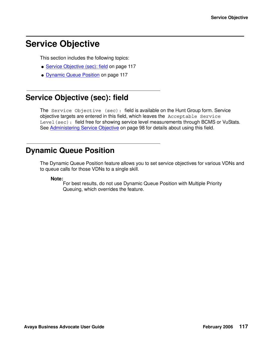 Avaya 3.1 manual Service Objective sec field 