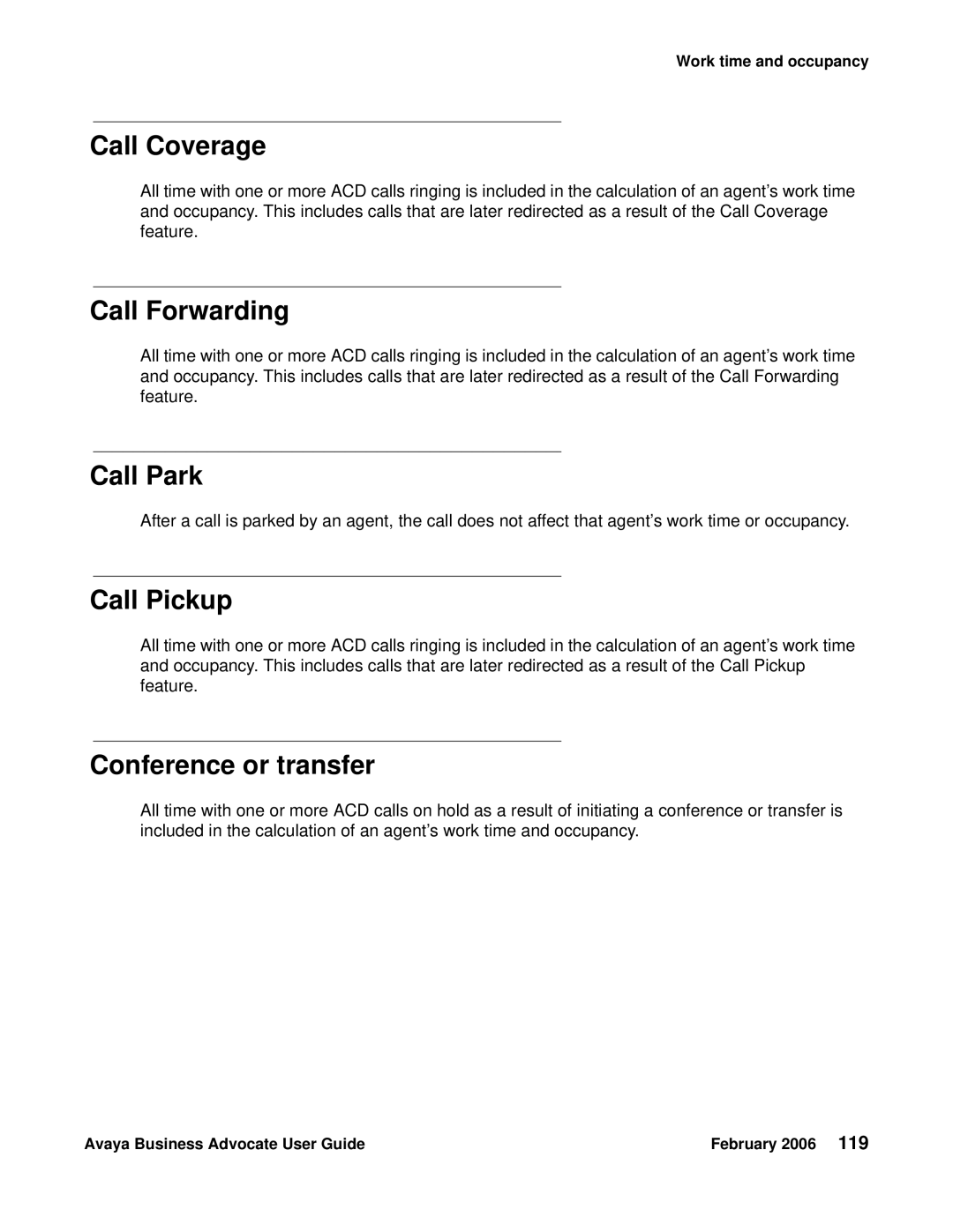 Avaya 3.1 manual Call Coverage, Call Forwarding, Call Park, Call Pickup, Conference or transfer 