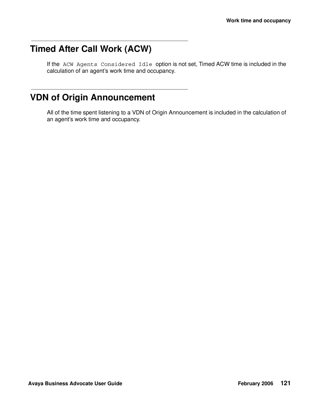 Avaya 3.1 manual Timed After Call Work ACW, VDN of Origin Announcement 