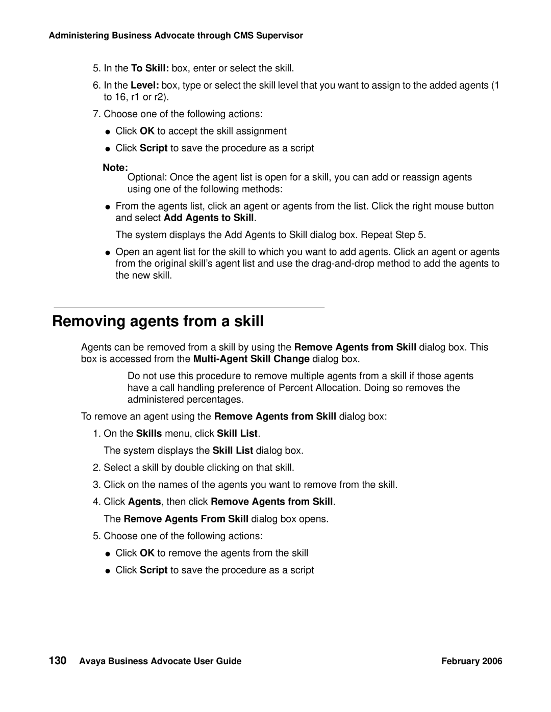 Avaya 3.1 manual Removing agents from a skill 