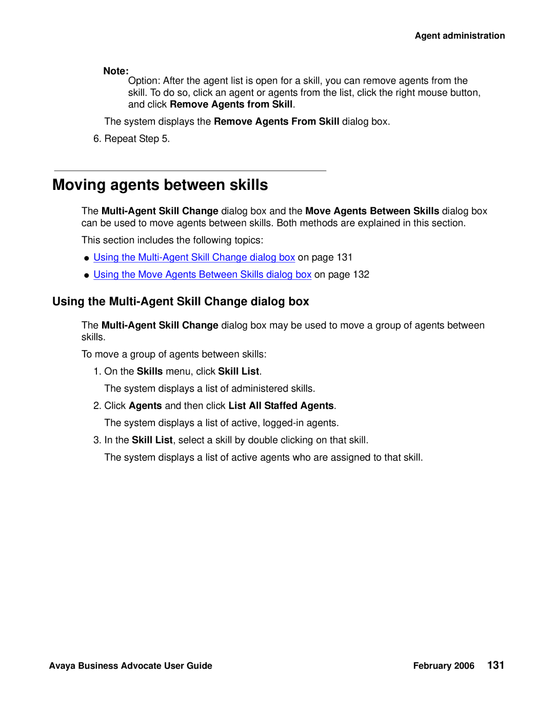 Avaya 3.1 manual Moving agents between skills, Using the Multi-Agent Skill Change dialog box 