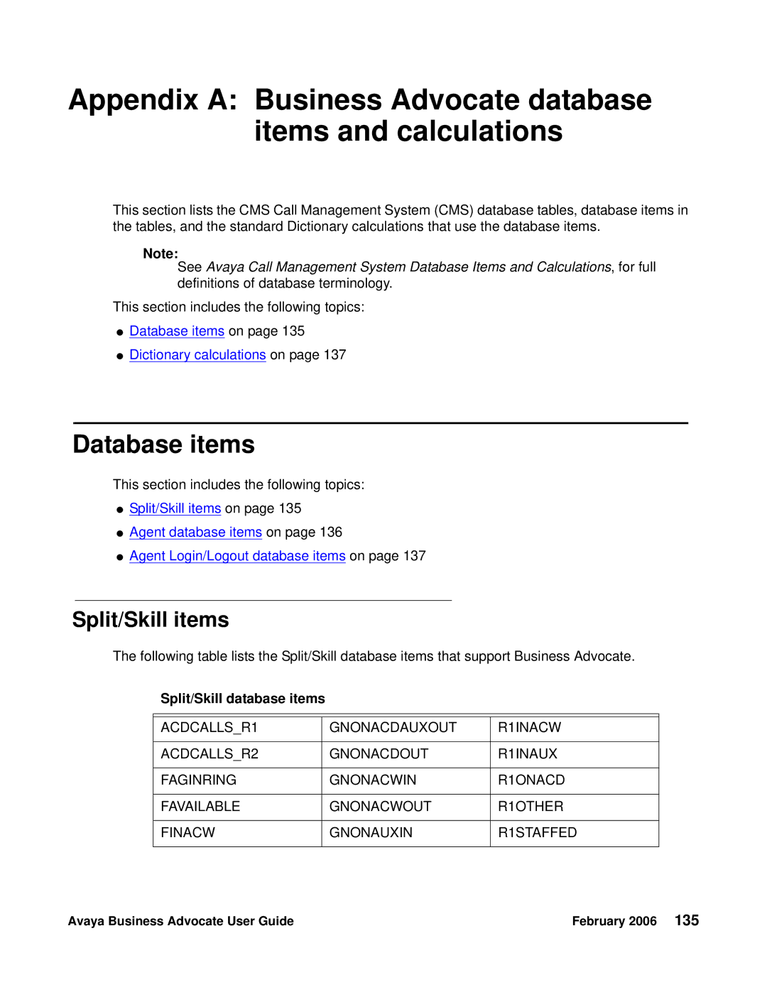 Avaya 3.1 manual Database items, Split/Skill items, Split/Skill database items 