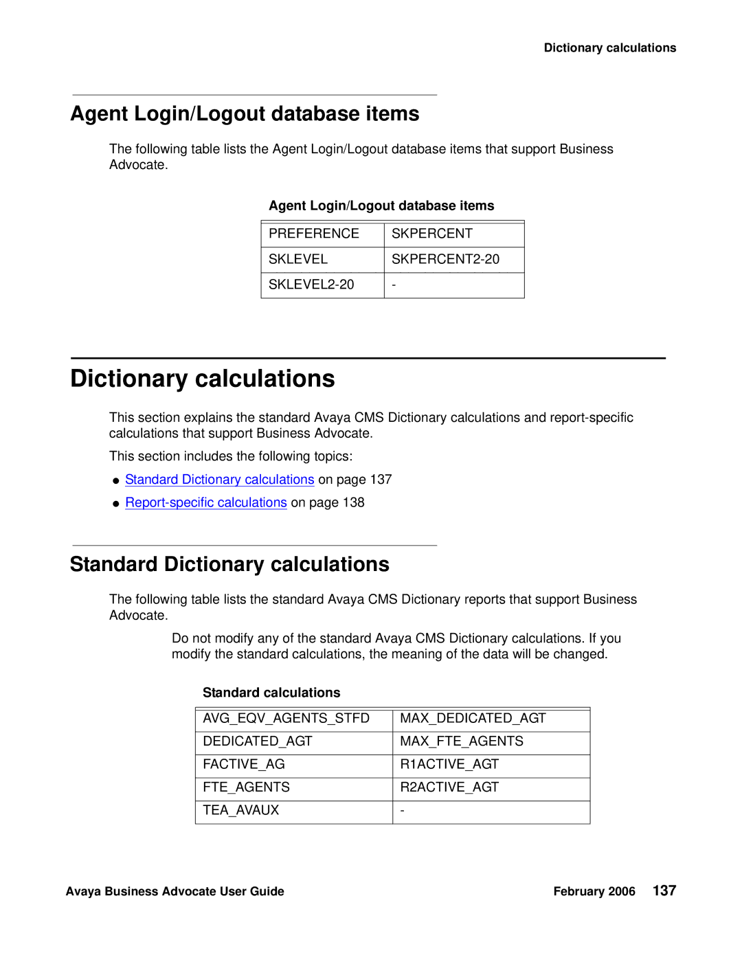 Avaya 3.1 manual Agent Login/Logout database items, Standard Dictionary calculations, Standard calculations 