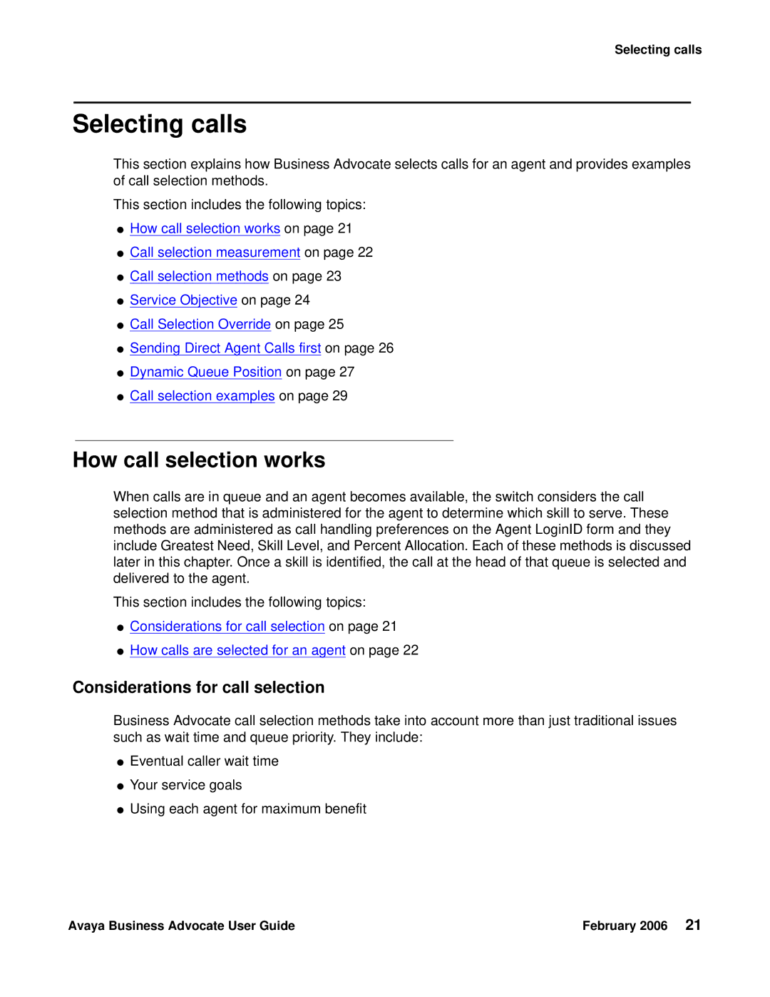 Avaya 3.1 manual Selecting calls, How call selection works, Considerations for call selection 