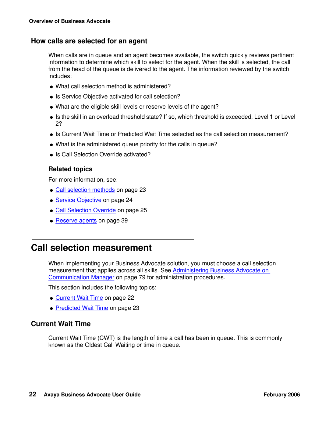 Avaya 3.1 manual Call selection measurement, How calls are selected for an agent, Current Wait Time 