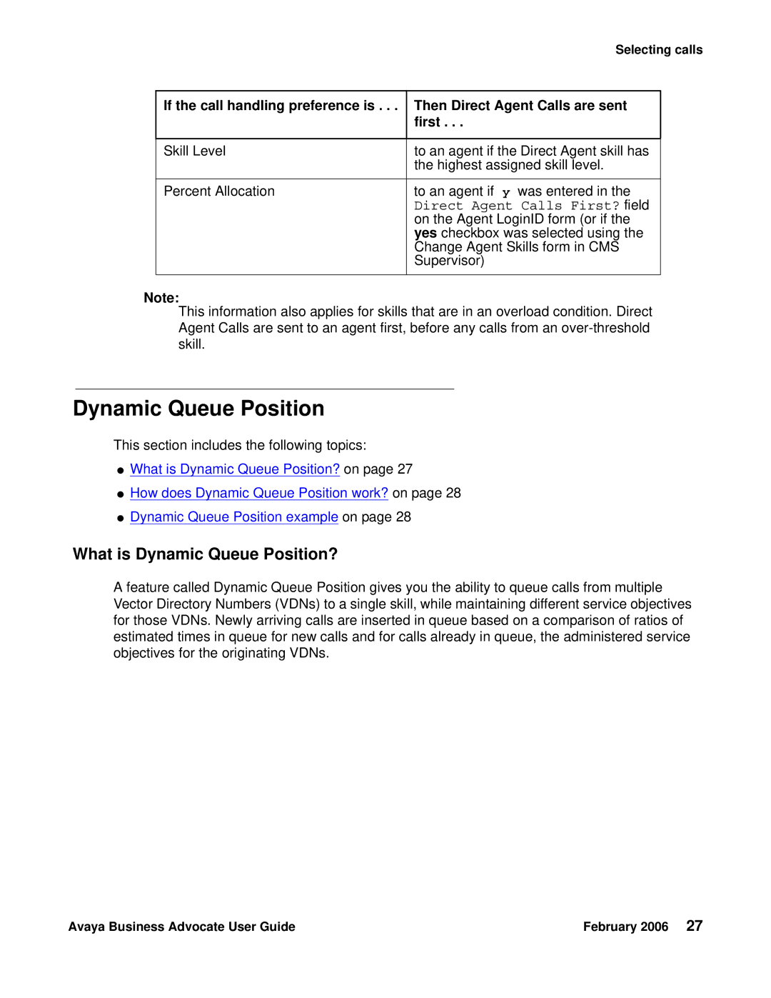 Avaya 3.1 manual What is Dynamic Queue Position?, Direct Agent Calls First? field 