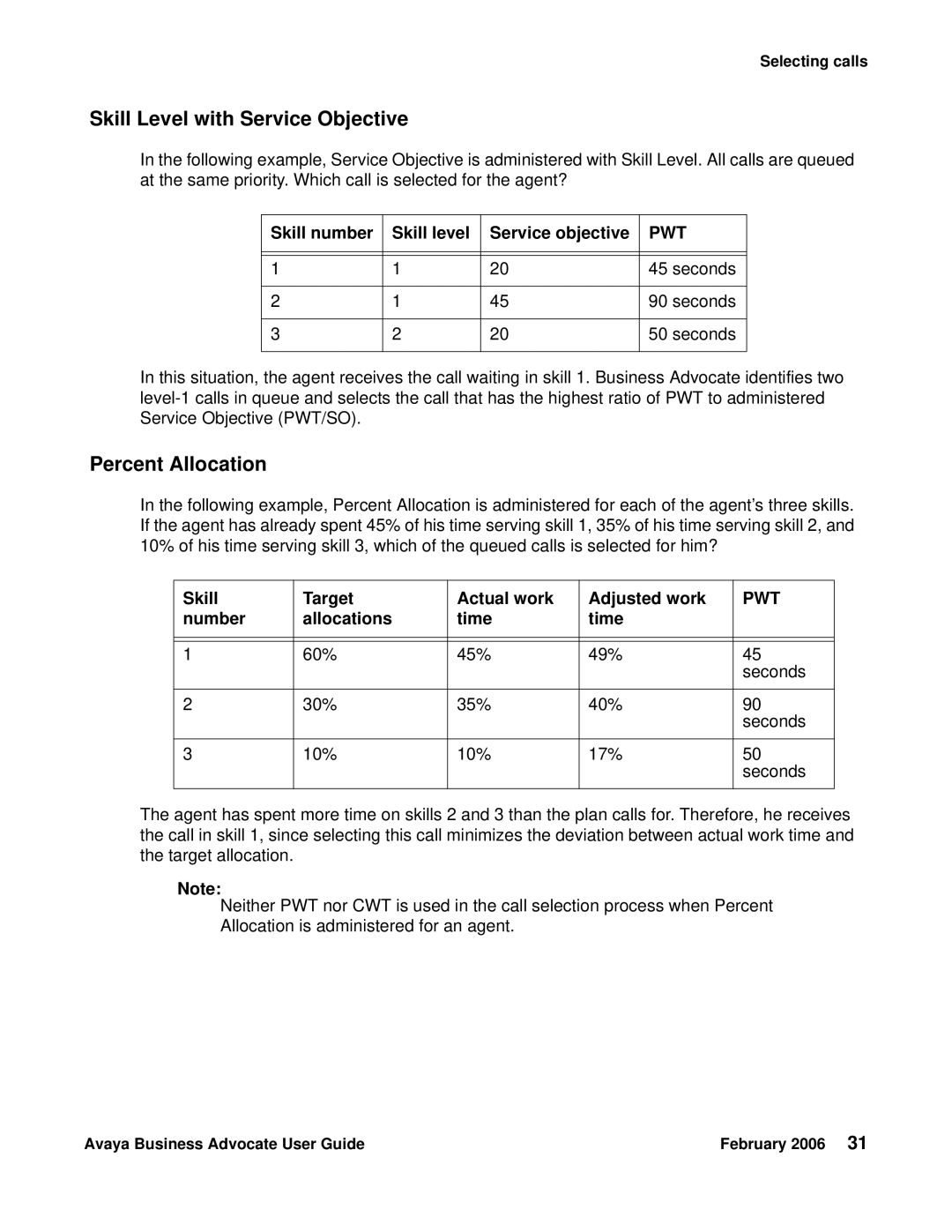 Avaya 3.1 manual Skill Level with Service Objective, Skill number Skill level Service objective, Number Allocations Time 